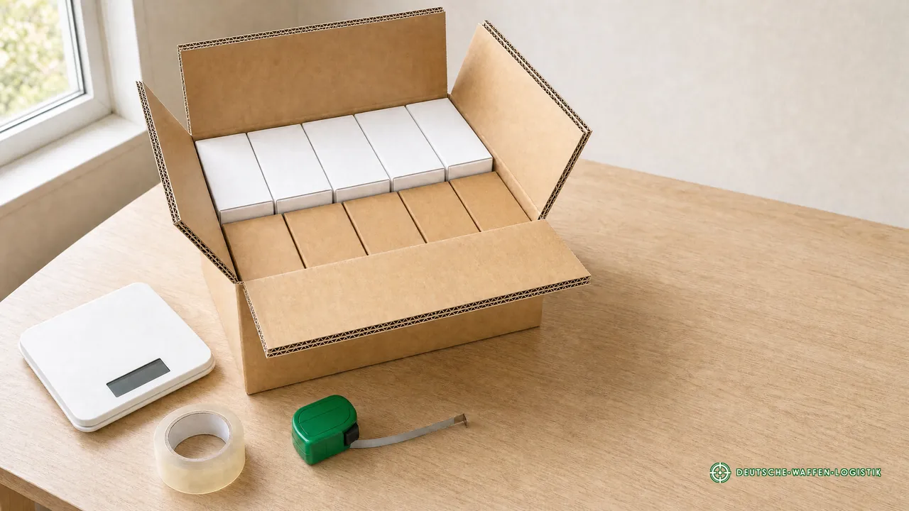 Geöffneter neuer zweiwelliger Umkarton, darin passgenau Wand an Wand stehende, geschlossene und unbedruckte Originalschachteln in zwei Reihen, daneben Briefwaage, Packband und Maßband auf einem hellen Packtisch