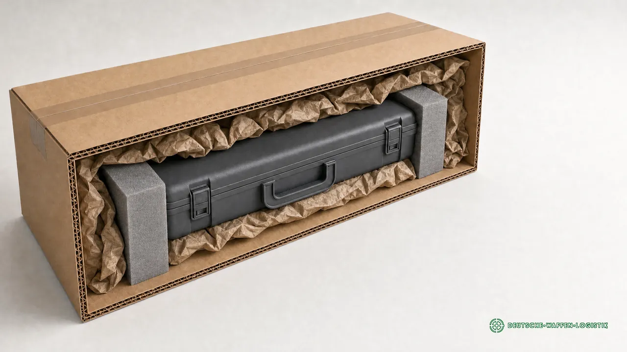 Schnittansicht eines neuen zweiwelligen Umkartons: geschlossener Transportkoffer, rundum mit Schaumstoffblöcken und Packpapier fixiert