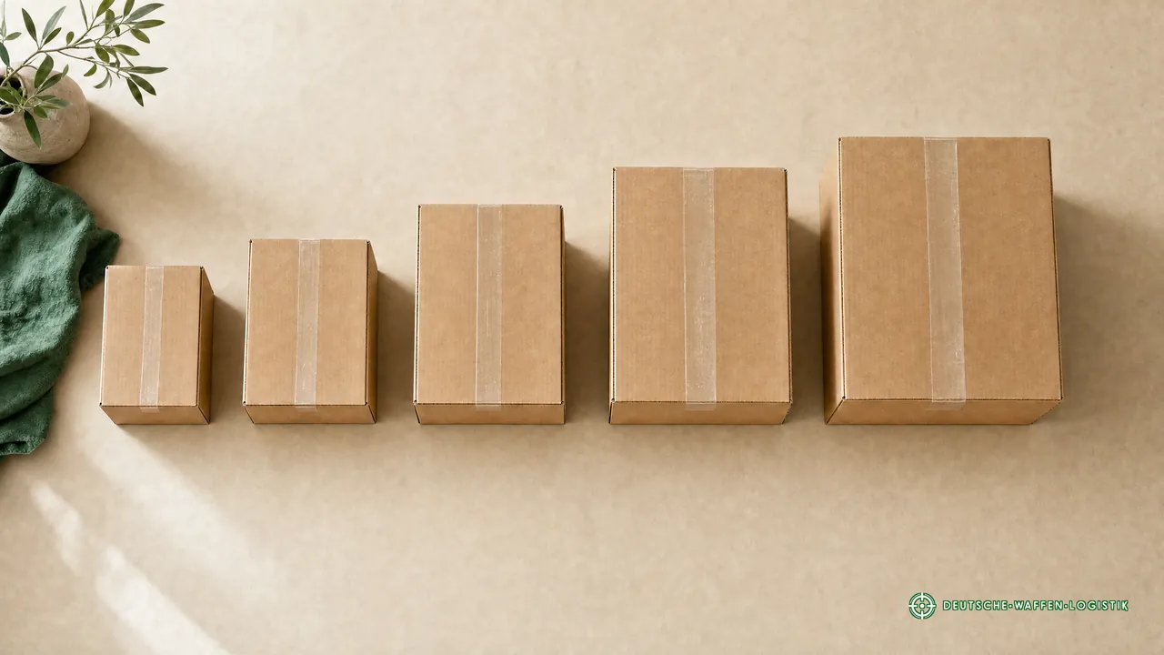 Fünf verschlossene, unbedruckte Versandkartons in aufsteigender Größe auf Packpapier, von oben fotografiert